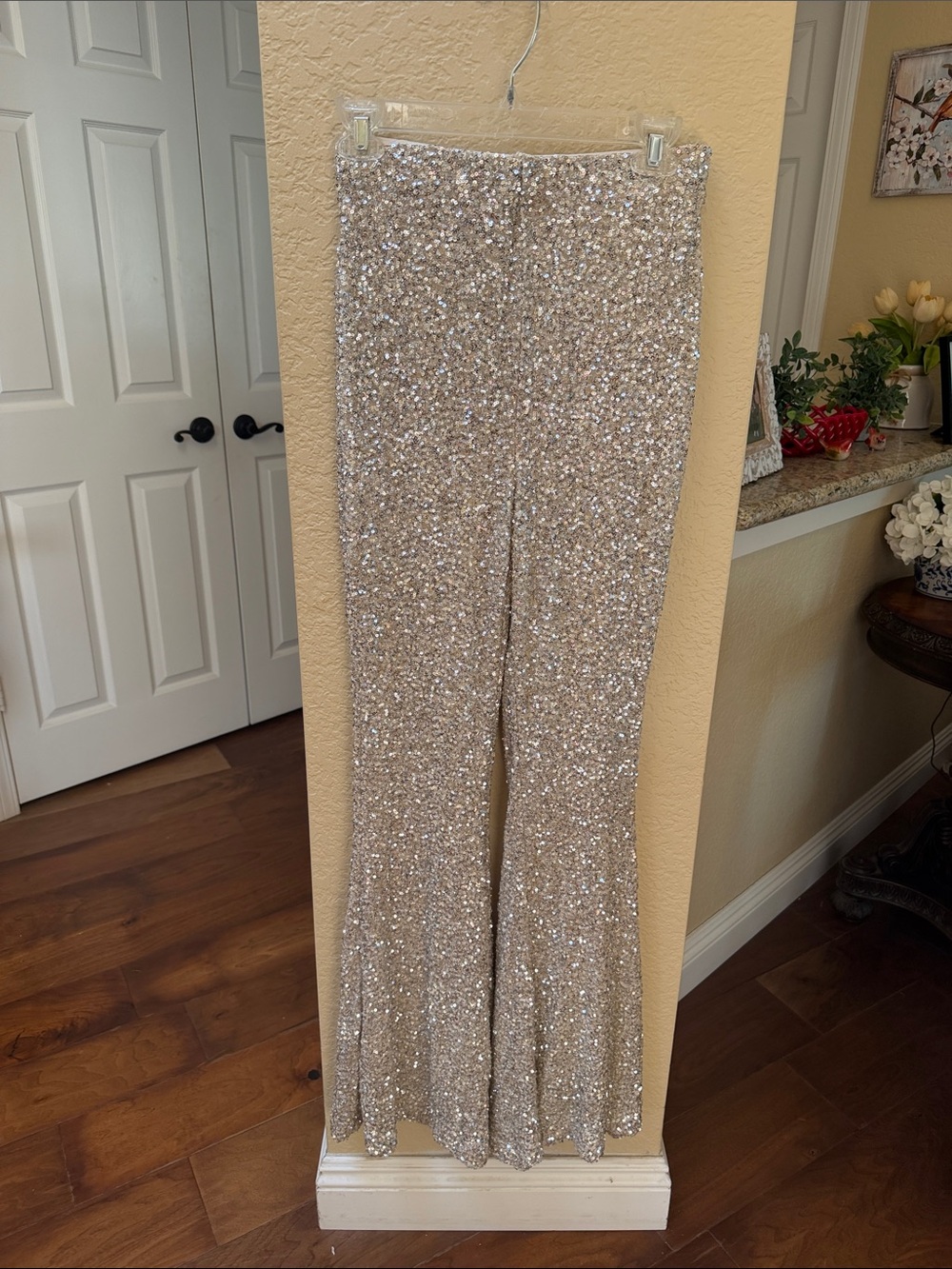 Hunter and Brown Sparkling silver champagne Sequin flared bottom pants